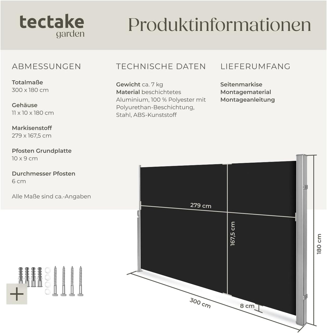 tectake blickdichte Aluminium Seitenmarkise, Wind- und Sichtschutz für Balkon, Garten und Terrasse,
