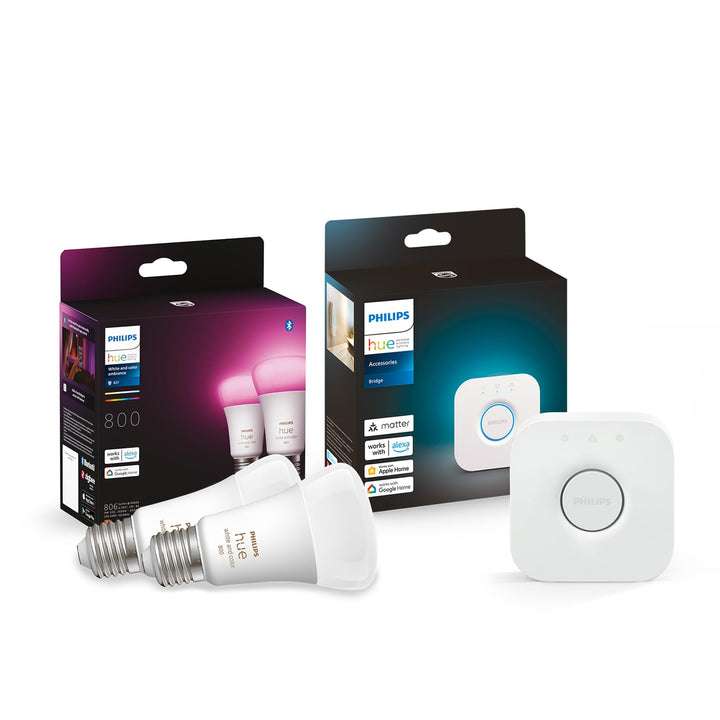 Philips Hue White and Col. Amb. E27 2-er Pack 800lm inkl. Hue Bridge,Weiss,2 pieces, 2 pieces