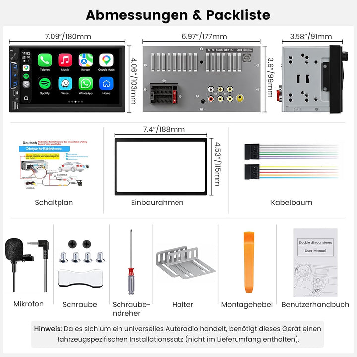 2 DIN Autoradio Bluetooth mit Bildschirm, Wireless CarPlay &amp; Android Auto 7 Zoll, 7 Zoll