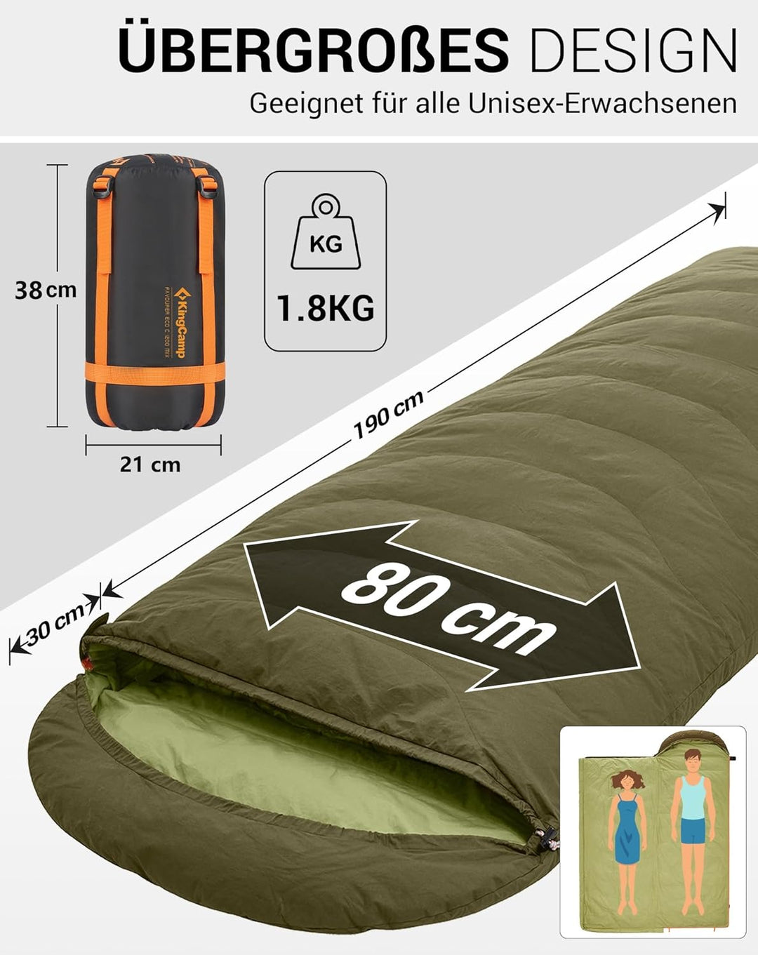 KingCamp Daunen Schlafsack Erwachsene,Warmer Leichter Winter Schlafsack 4°C bis -20°C，100% Baumwollg