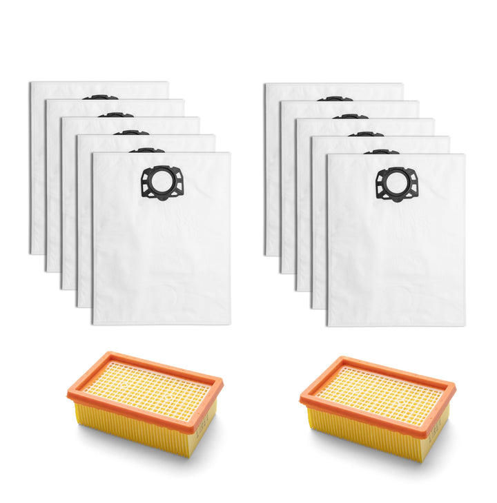 Staubbeutel Filter Zubehör Set - 2 HEPA Flachfilter und 10 Staubsaugerbeutel, Kompatibel mit Kärcher