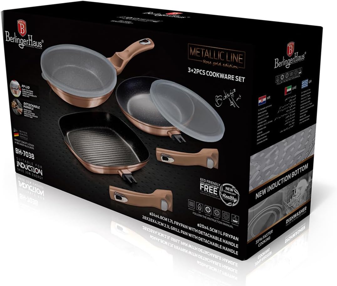 Berlinger Haus BH/7038 Bratpfannen-Set mit abnehmbarem Griff, Metallic Line Rose Gold Edition 5-teil