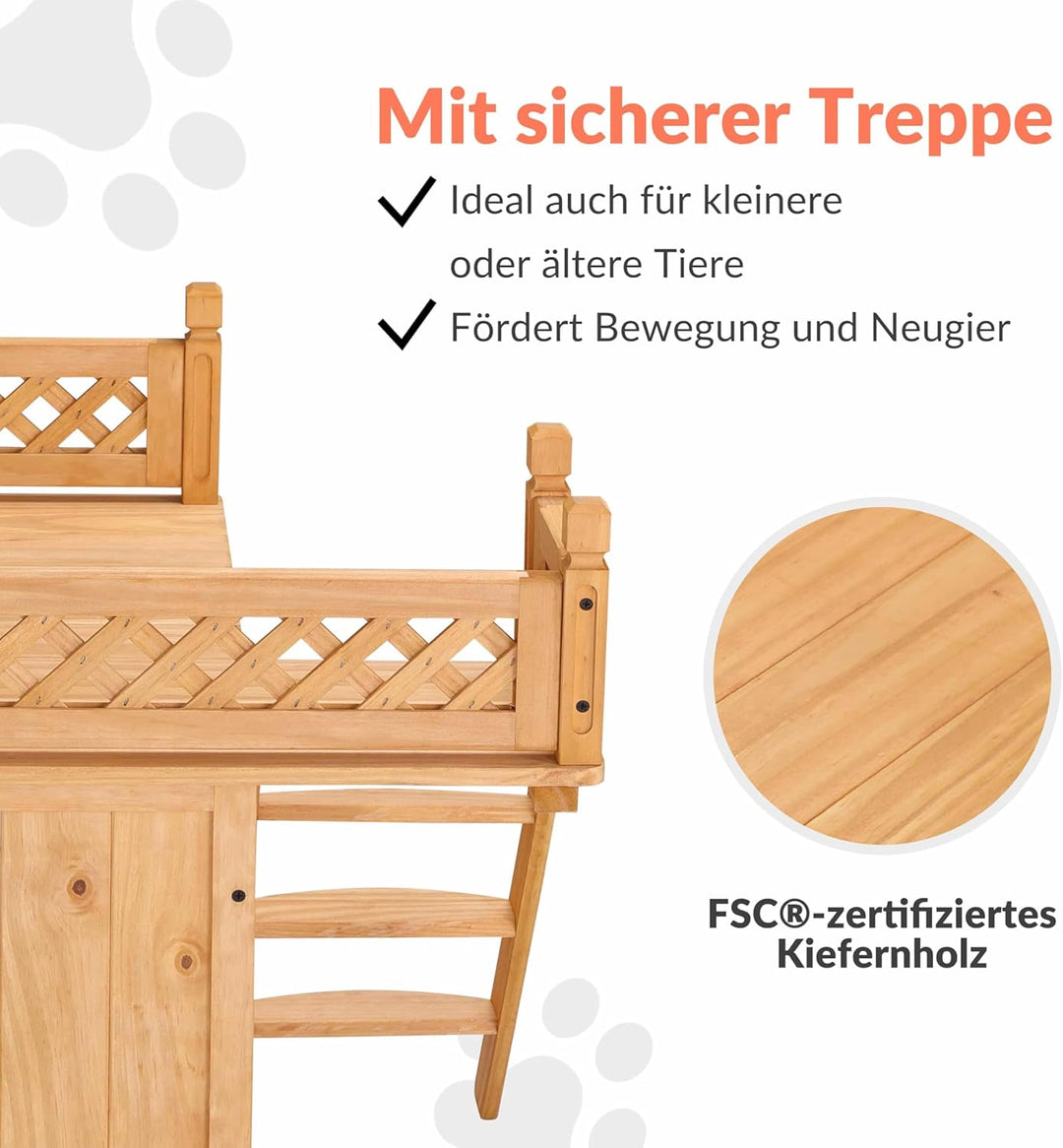 CADOCA® Tierhaus FSC®-Zertifiziert Kiefer 65x55x54cm 2-stöckig Treppe Sonnenterrasse Katzenhaus Katz