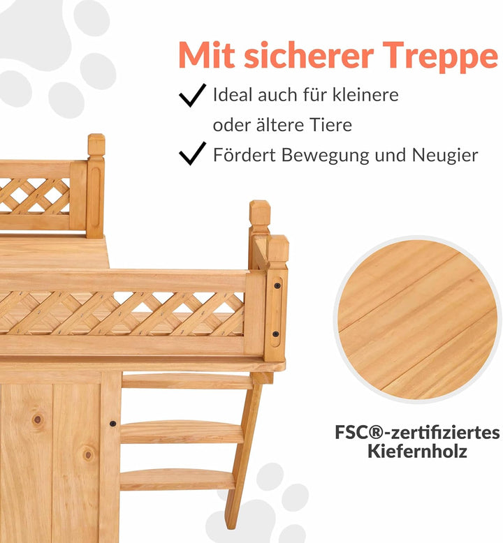 CADOCA® Tierhaus FSC®-Zertifiziert Kiefer 65x55x54cm 2-stöckig Treppe Sonnenterrasse Katzenhaus Katz
