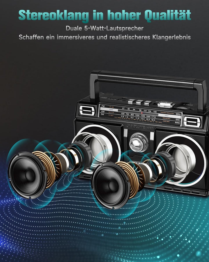 PRUNUS J-750 Retro Radio FM/AM/SW Transistorradio, Tragbares Radio mit 1800mAh Akku, Solar/USB-C Auf