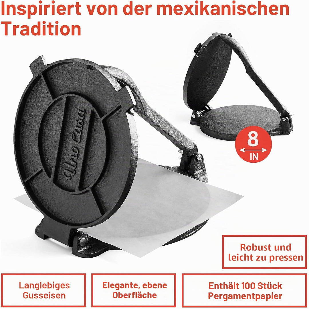 Uno Casa Tortilla-Presse aus Gusseisen, 20,3 cm, mit Tortilla-Wärmer – Set mit vorbehandeltem Quesad