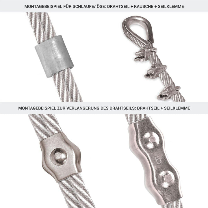 Seilwerk STANKE Rankhilfe Drahtseil verzinkt 100m Stahlseil 3mm 6x7, 2x Kausche, 4x Bügelformklemme