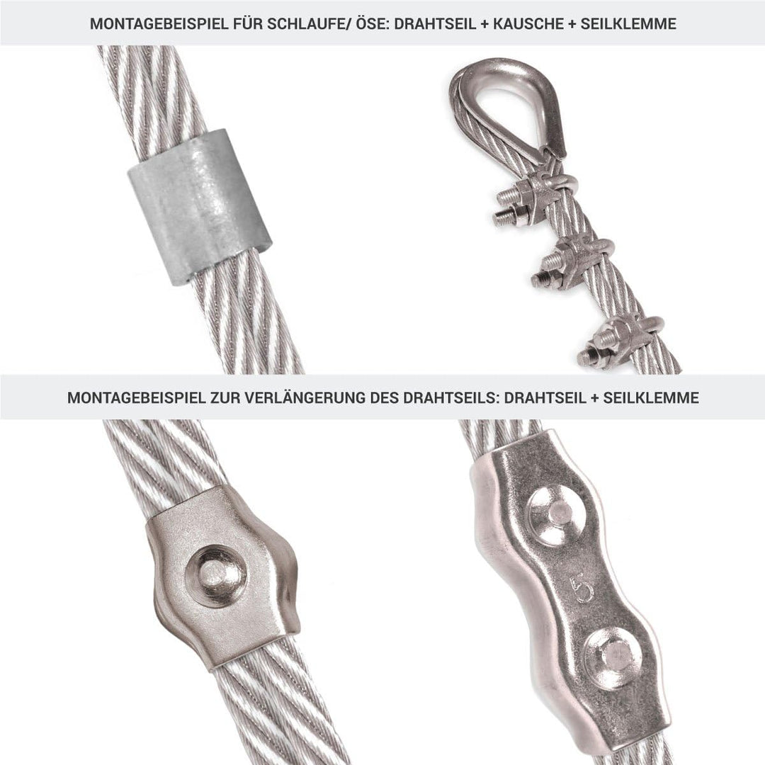 Seilwerk STANKE Rankhilfe Drahtseil verzinkt 10m Stahlseil 5mm 6x7, 2x Spannschloss M8 Haken+Öse, 8x