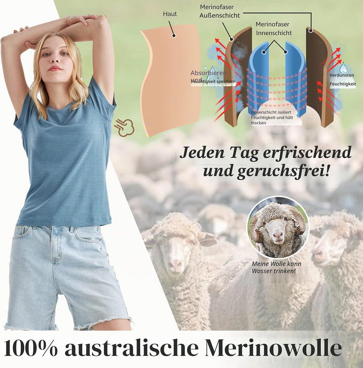 Merino Protect 100% Merino Wolle Shirt Damen Kurzarm Rundhals Wolle Unterhemd Geruchsresistenz Funkt