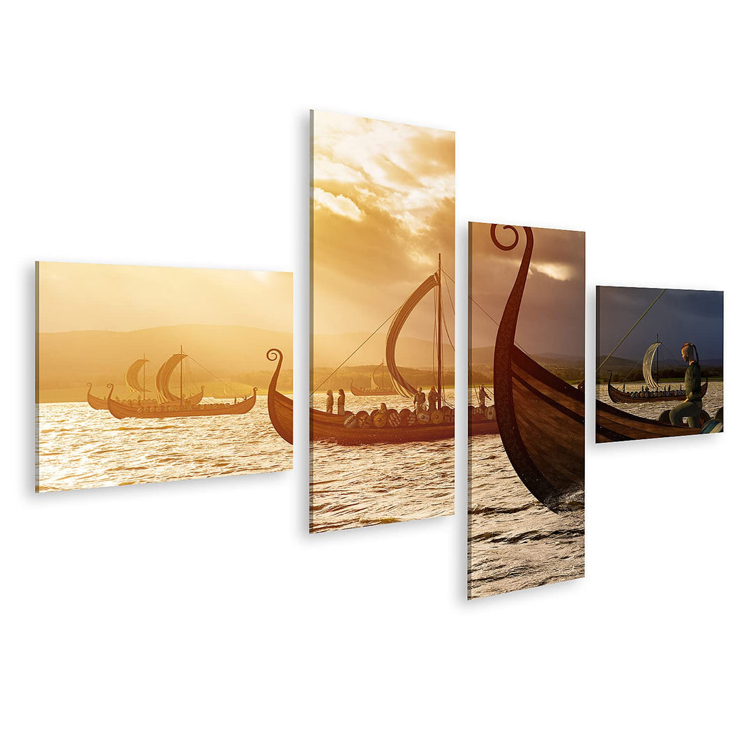 islandburner Bild auf Leinwand Wikinger Sturm Schiffe Meer Bilder Wandbilder Poster Leinwand 150x80c
