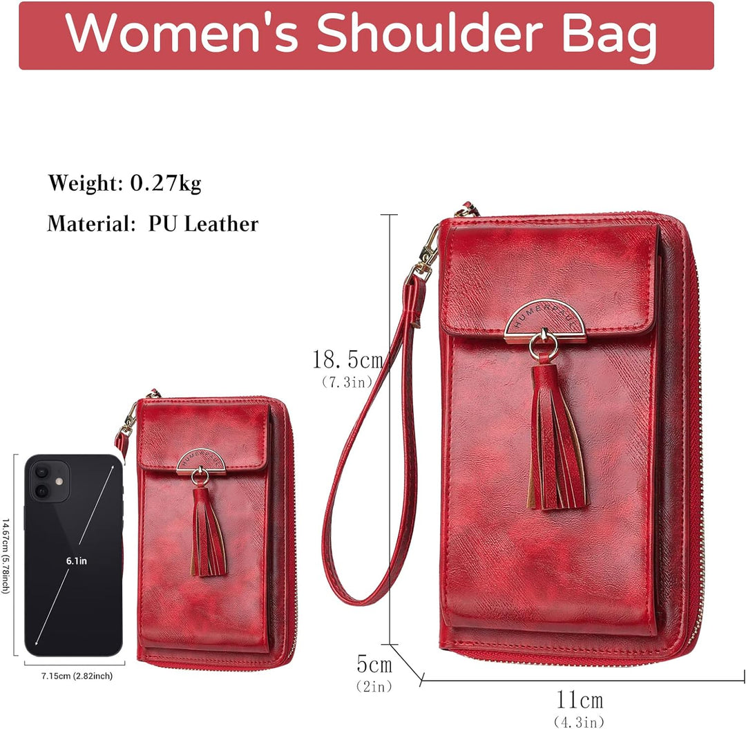 PORRASSO Geldbörse Damen Umhängetasche Portemonnaie Leder Geldbeutel Wristlet Bag mit Viele Fächer M