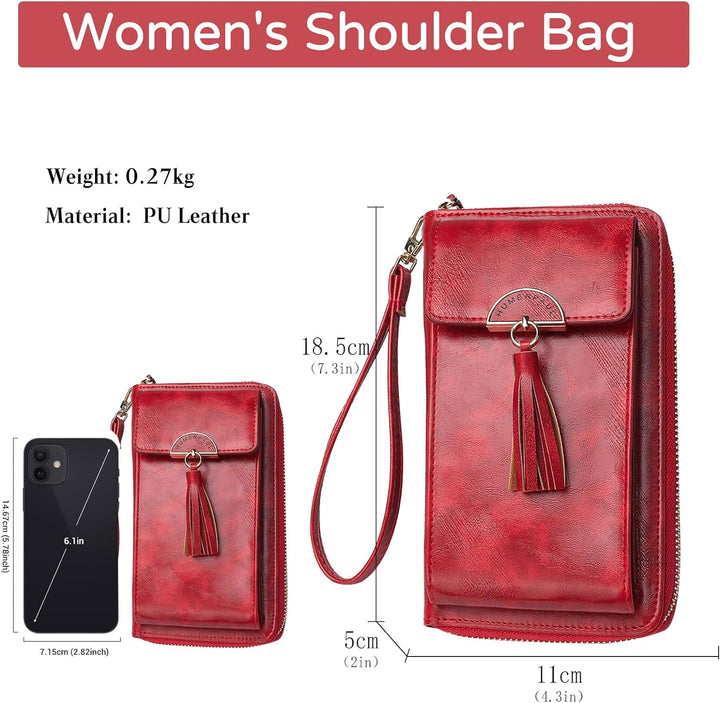 PORRASSO Geldbörse Damen Umhängetasche Portemonnaie Leder Geldbeutel Wristlet Bag mit Viele Fächer M