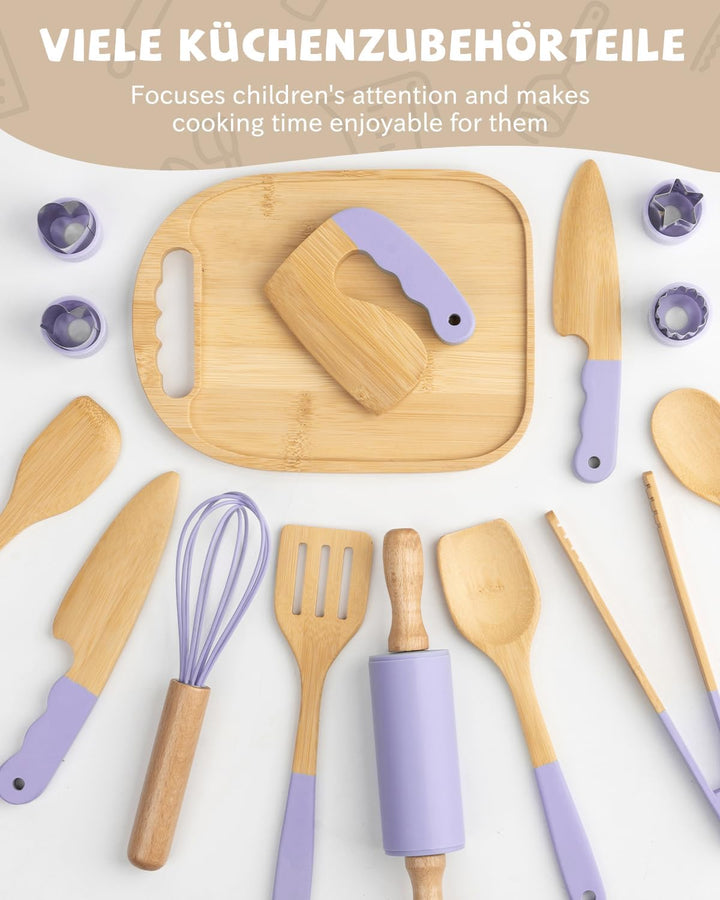 Kindermesser Set – 15-teilig mit sicherem Kiddikutter, Holzmesser Schneidebrett – Montessori Küchens
