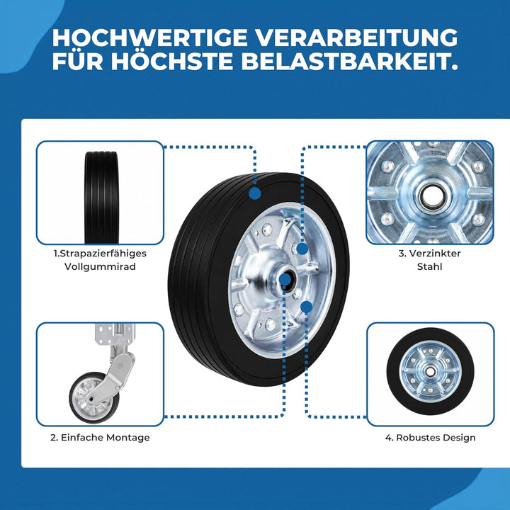 Ersatzrad für Automatik-Stützrad bis 500 kg – 225x65 mm Vollgummireifen auf Stahlfelge – pannensiche
