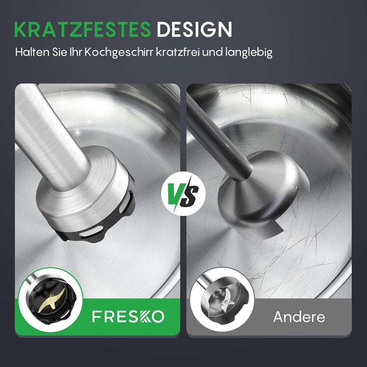 FRESKO Stabmixer 1000W, Stufenlose Geschwindigkeitsregelung, Pürierstab aus Edelstahl inkl. Schneebe