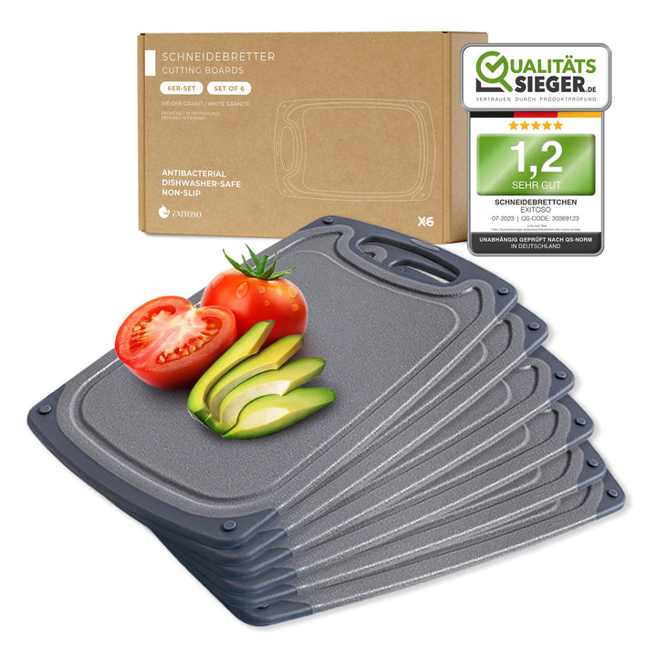 Exitoso Das Original Frühstücksbrettchen 6er Set Schneidebrett, rutschfest mit Saftrille und Griff,
