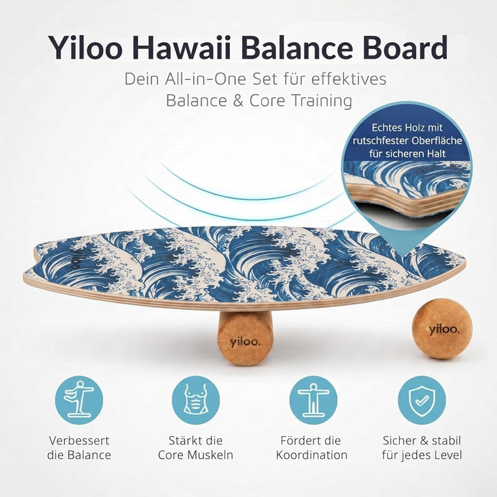 Hawaii Balance Board aus Holz – Gleichgewichtstrainer mit Rolle & Balance Ball – Handgefertigt & rut