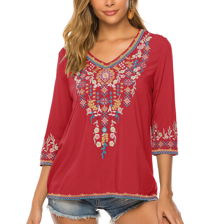 Hippie Kleidung Damen Bohemian Folklore Stickerei Bluse 3/4 äRmel V Ausschnitt Tunika Sommer LäSsige