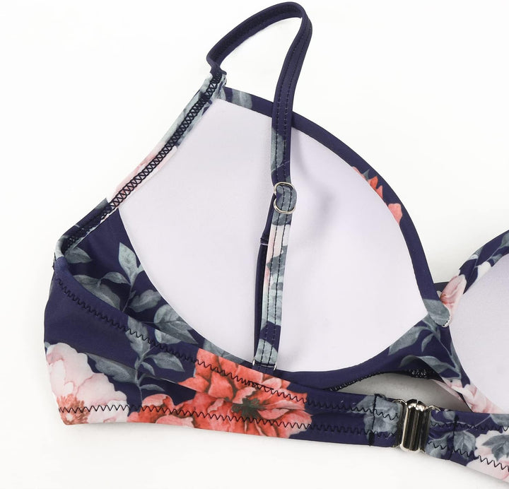 RXRXCOCO Damen Wickel Push Up bikini Oberteil Bauchweg High Waist Bikini Set Bademode M Blaue Blume,