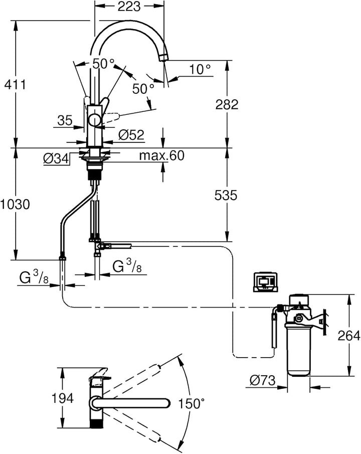 GROHE Blue Pure Start Curve - Einhand- Spültischarmatur Starter Set mit Filterfunktion (C-Auslauf, i