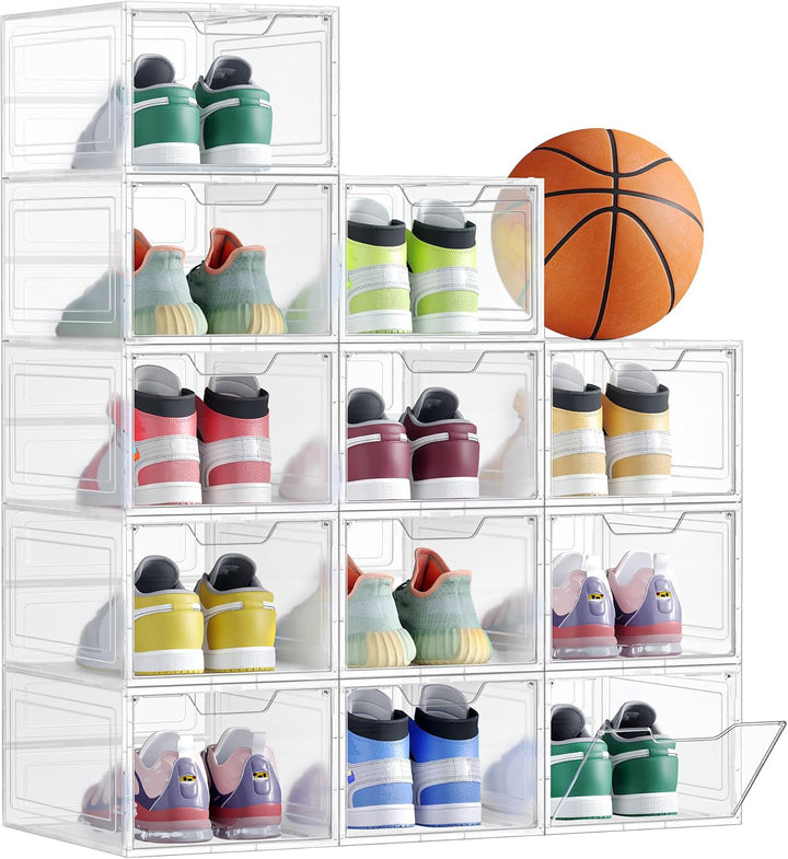 SONGMICS Schuhboxen, Schuh-Organizer aus Kunststoff, mit Tür, durchsichtig, Kunststoffboxen, 12er Se