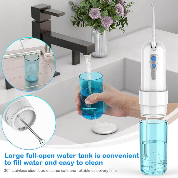 UODIR Munddusche Kabellos, Tragbarer Mini-Wasserzahnreinige mit Etui, 4 Modi und 5 um Ersatzdüsen, E