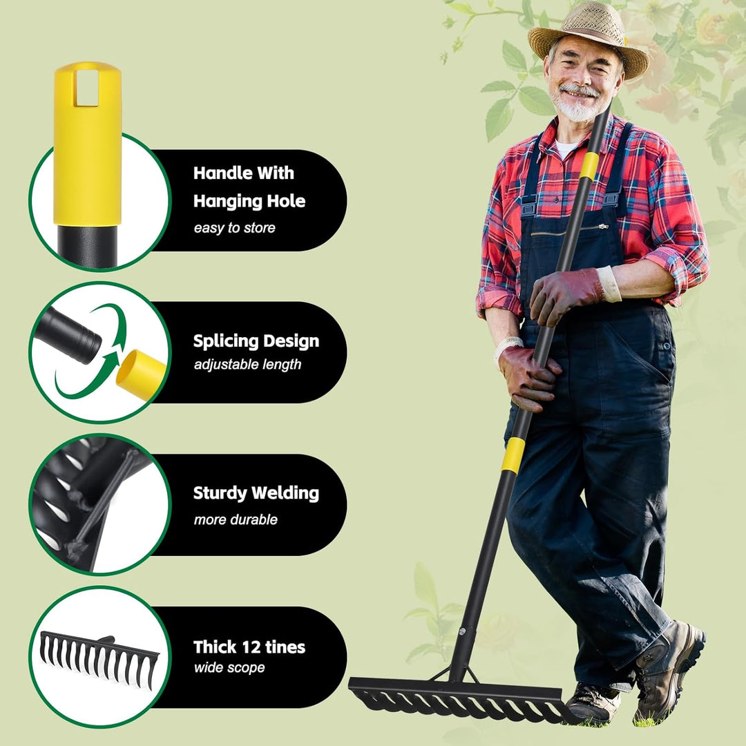 Gartenrechen Schwerlast, 189 cm, Metallrechen mit 12 Zinken, Bogenrechen mit langem Griff zum Lösen