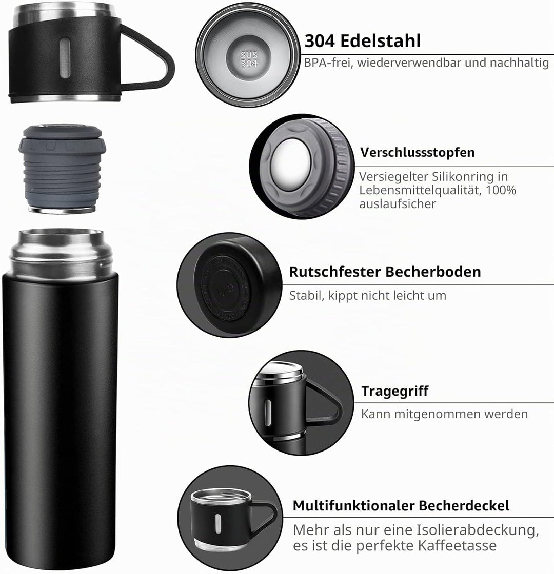 Thermosflasche, Trinkflasche Edelstahl HäLt 10 Stunden Heiss und Kalt, Isolierflasche 500Ml mit Ausl