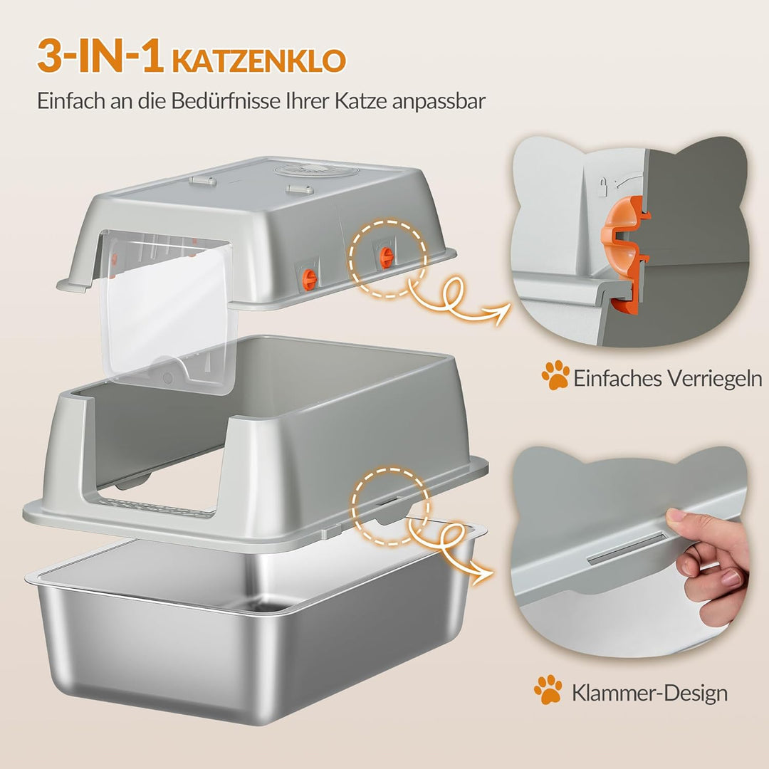 Edelstahl-Katzenklo mit Deckel, Geschlossene Katzentoilette, 180° Klappdeckel, Inklusive Pedal und S