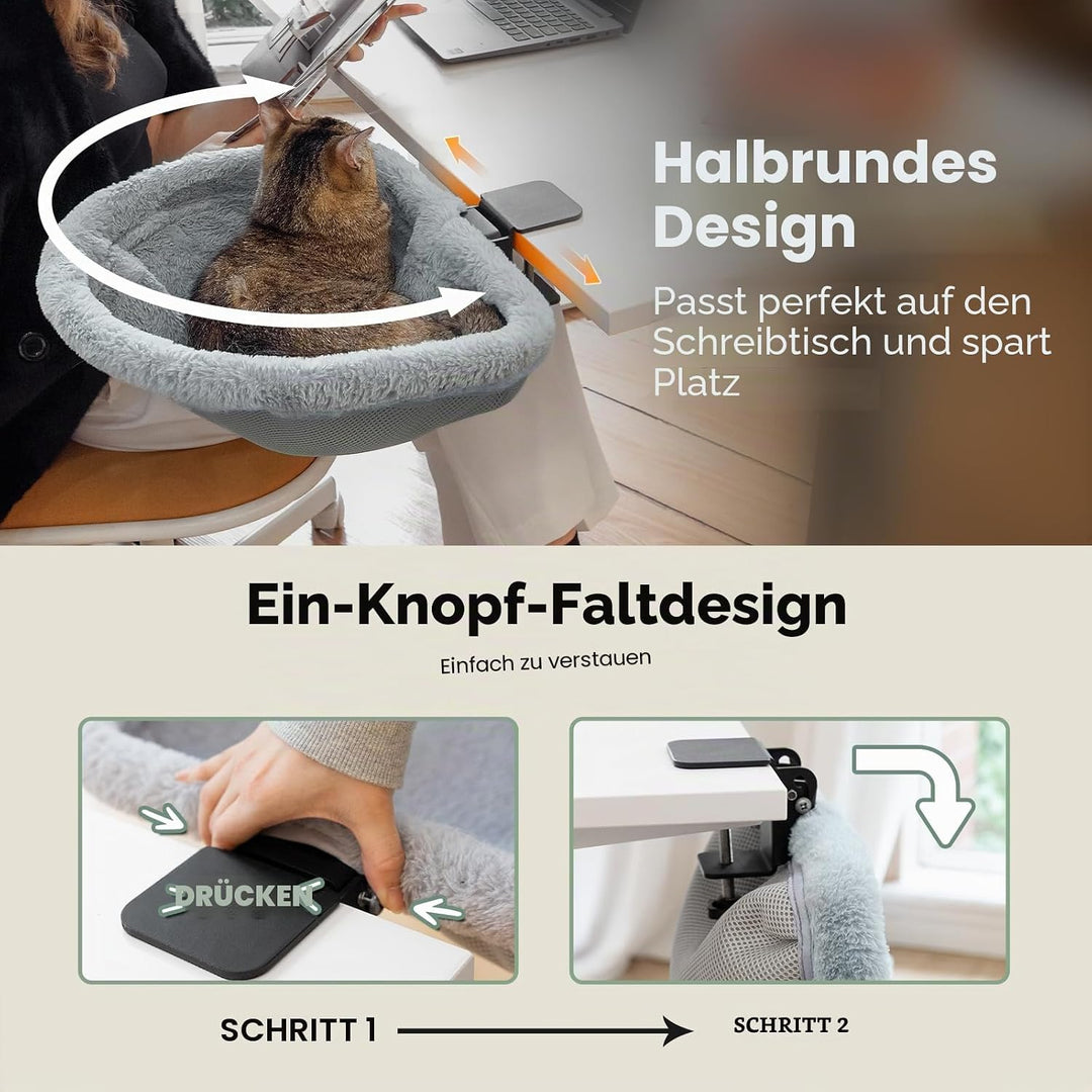 Katzen-Schreibtischbett – Ein-Klick-Faltung, versunkenes Design und platzsparendes halbrundes Katzen