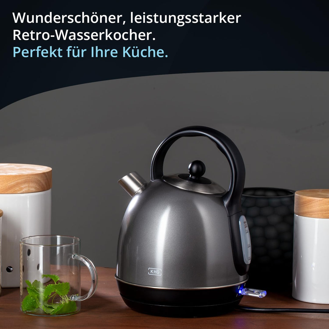 KHG WK-1711 (DG) Wasserkocher Retro 1,7 Liter | Kessel-Wasserkocher in Grau | 360° Sockel | Kalkfilt