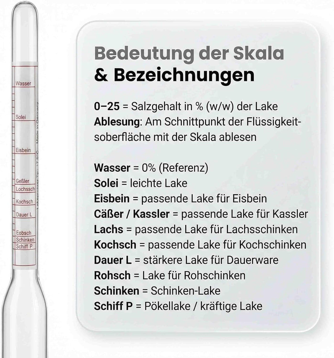 Lantelme Glas Salzlakeprüfer zur Salzgehalt Messung zum Pökeln Einkochen Einmachen Räuchern Einwecke