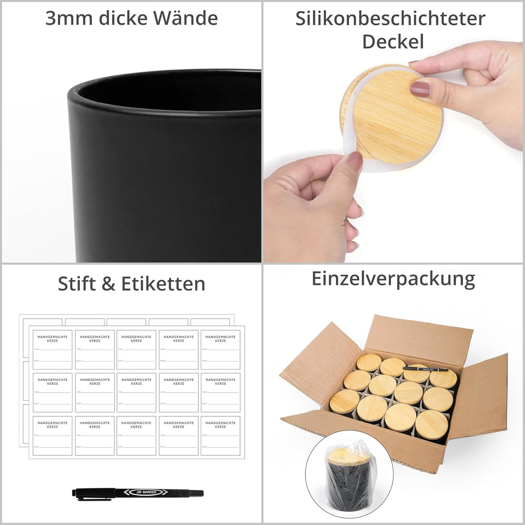 Winter Shore 270ml Kerzengläser with Deckel [12er-Pack] - Leere Teelichthalter Glas Schwarz Matt - K