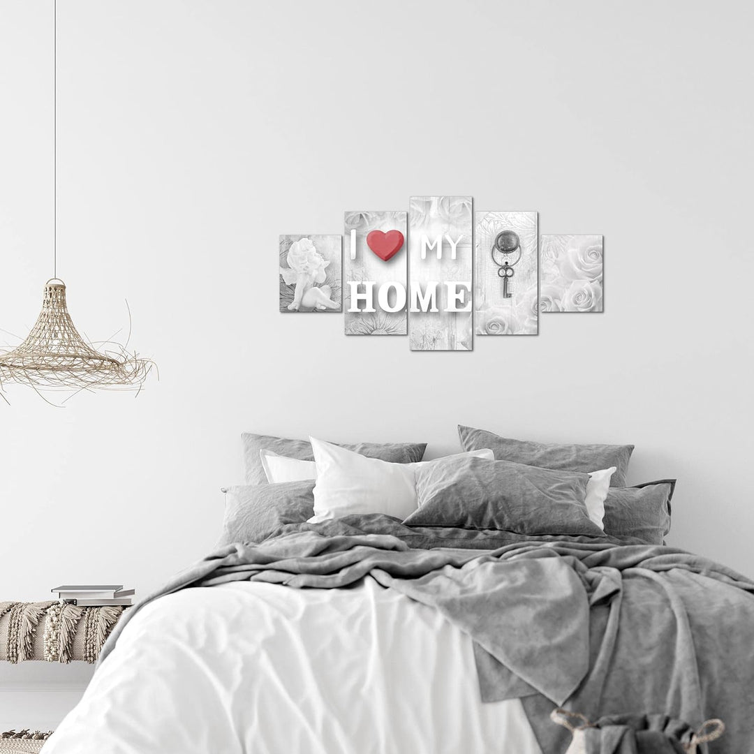 Runa Art Wandbilder Home Herz 5 Teilig Bild auf Vlies Leinwand Deko Wohnzimmer Engel Rot Grau 026252