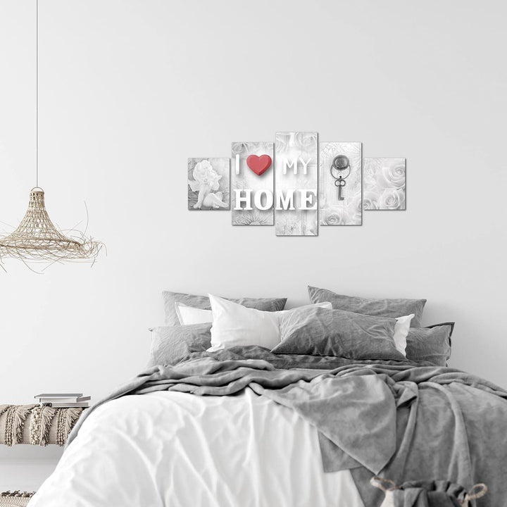 Runa Art Wandbilder Home Herz 5 Teilig Bild auf Vlies Leinwand Deko Wohnzimmer Engel Rot Grau 026252