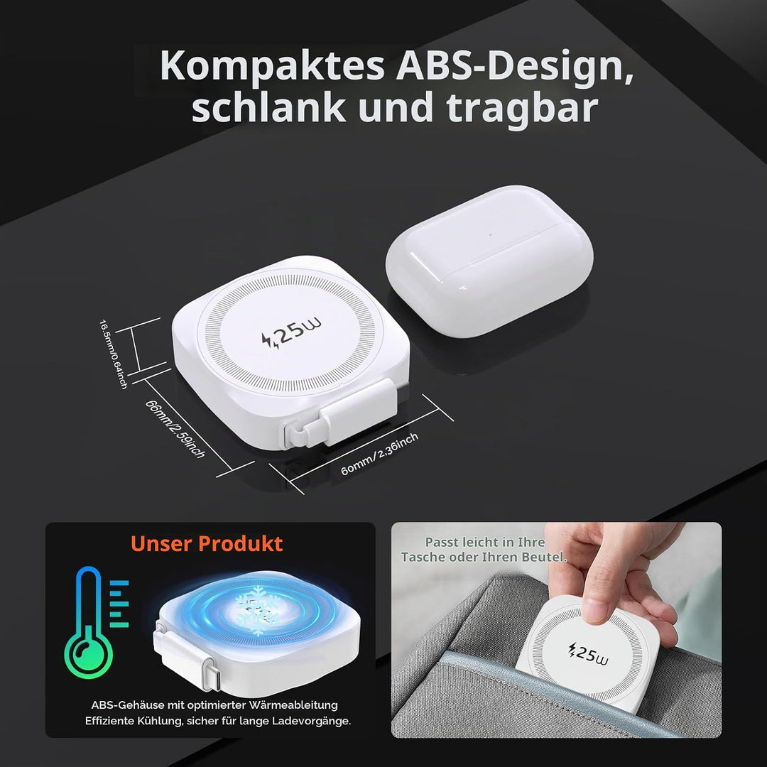 25W Wireless Ladegerät Magnetisches mit einziehbarem USB-C Kabel 0,7 m, 25W Qi2.2 Mag Safe iPhone Sc