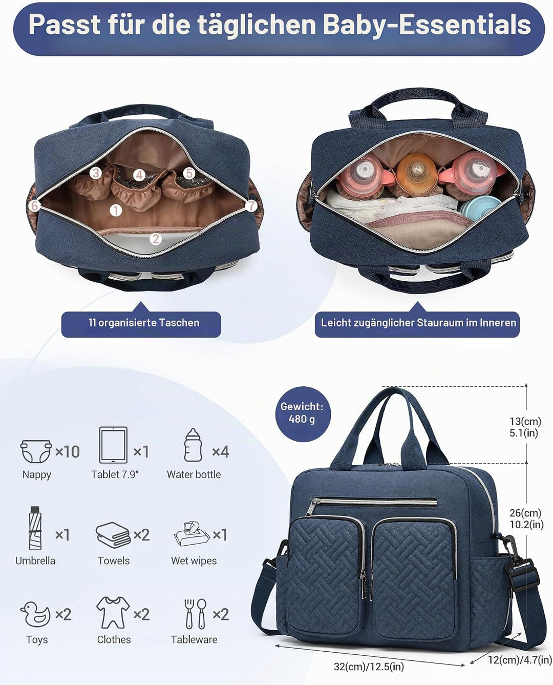 KONO Baby Wickeltasche Windeltasche zum Aufhängen am Kinderwagen, Grosse Reisetasche mit Isolierten