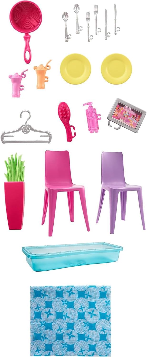 Barbie-Haus mit Küche, Schlafzimmer, Badezimmer, Pool, komplett eingerichtet Möbeln, verschliessbar