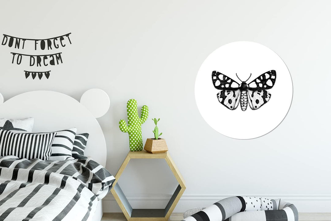 MuchoWow Wandbild Rund Wanddeko Deko Wohnzimmer Bilder 60x60 cm Schmetterling - Vintage - Schwarz un