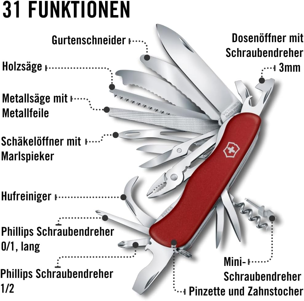 Victorinox, Schweizer Taschenmesser, Work Champ XL, Multitool, 31 Funktionen, Klinge, gross, Korkenz