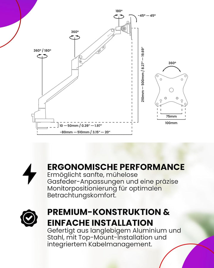 Arozzi Alzare Neo Single Gasdruckfeder-Monitorarm - Vollbewegung, Höhenverstellbar 21–50 cm, VESA 75