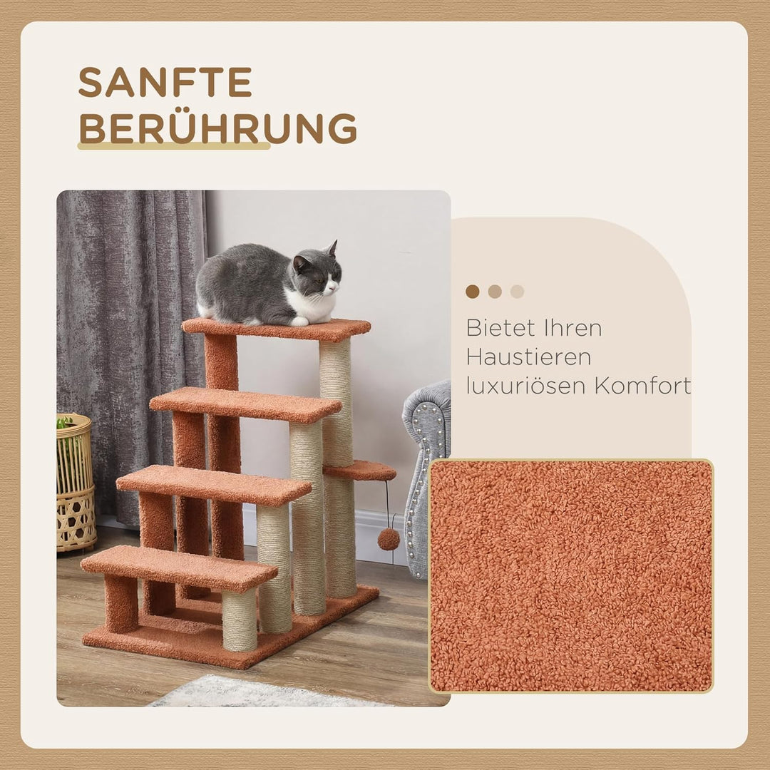 PawHut Katzentreppe 4 Stufen Tiertreppe Treppe für Katze mit Kratzsäulen Ball Haustiertreppe Hundetr