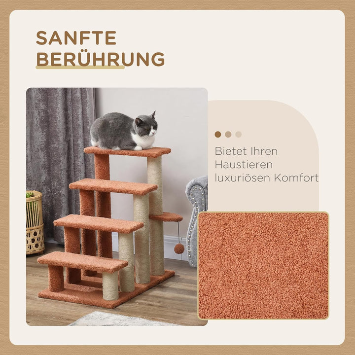 PawHut Katzentreppe 4 Stufen Tiertreppe Treppe für Katze mit Kratzsäulen Ball Haustiertreppe Hundetr