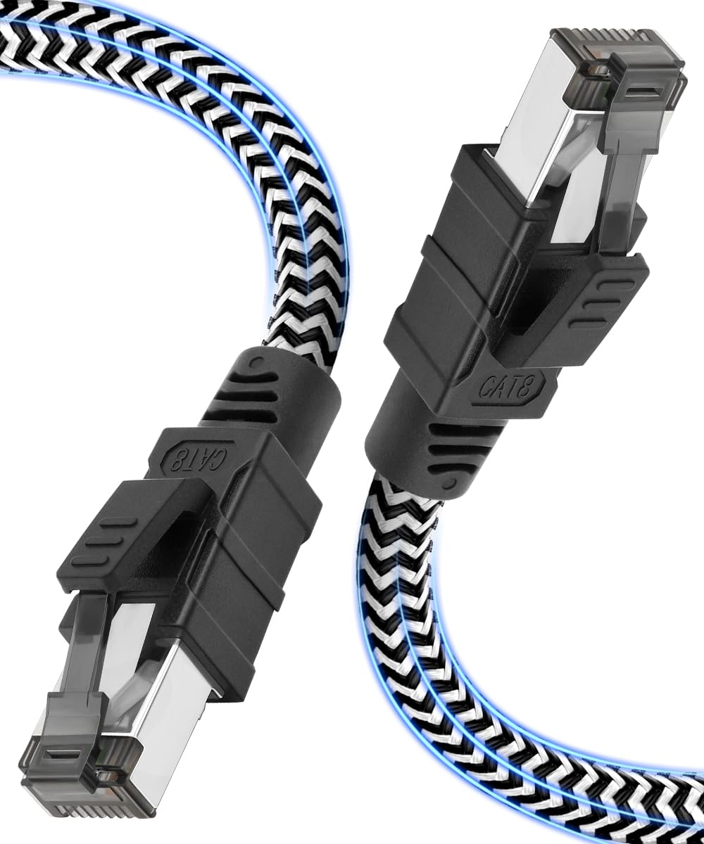 Cat 8 LAN Kabel 15m, Nylon Geflochtenes Netzwerkkabel, 40 Gbit/s 2000 MHz Hochgeschwindigkeits-Ether