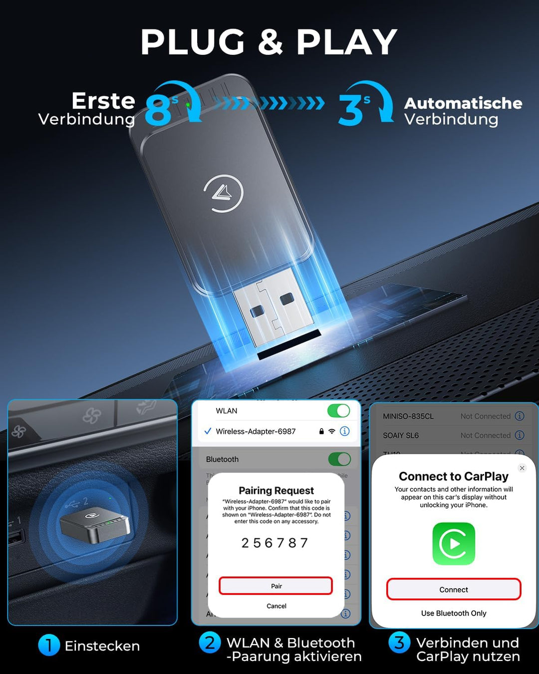 AuroraLink Wireless Carplay & Android Auto Wireless Adapter 2 in 1 Fast & Stabiler Carplay Wireless