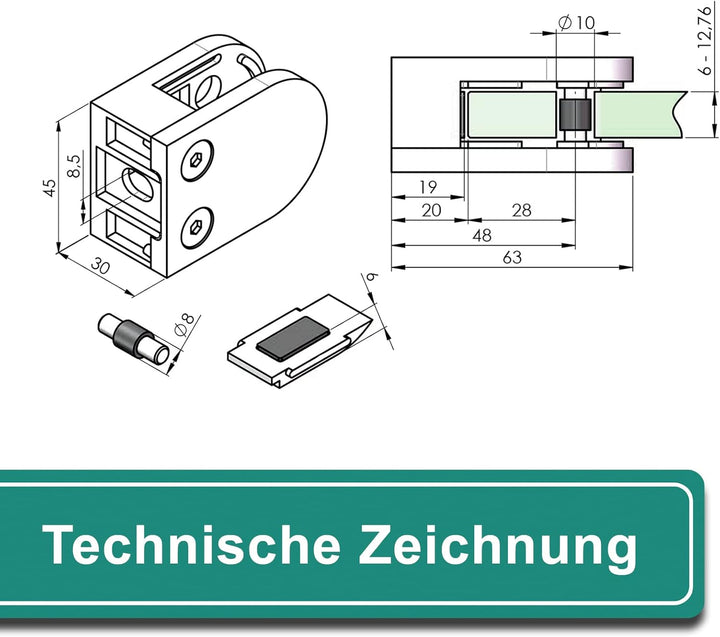 PRIOstahl Glashalter 4 Stück Glasklemmen Klemmhalter Glashalter mit Sicherungsplatte + Sicherungssti