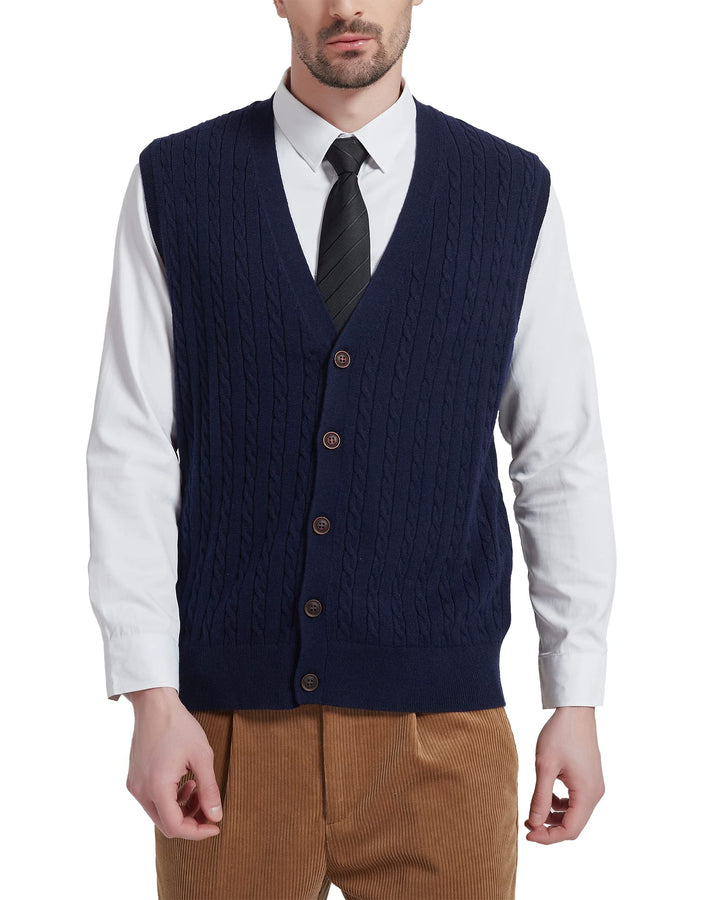 Kallspin Herren Strickweste Ärmellos Cardigan Wollmischung mit Zopfmuster und Knöpfen L Marineblau,
