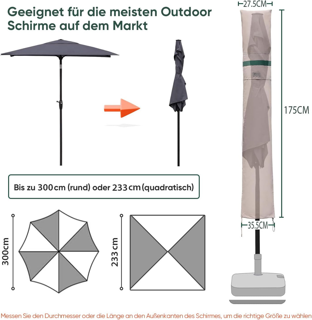 Sekey Sonnenschirm Schutzhülle mit Stab, Abdeckhauben für Ø 300 cm Gartenschirm mit Belüftungsöffnun