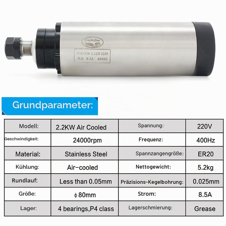 RATTMMOTOR 2.2kW 220V Luftgekühlten Spindelmotor mit 14 Stück ER20 Spannzange und 2.2kW 220V VFD Fre