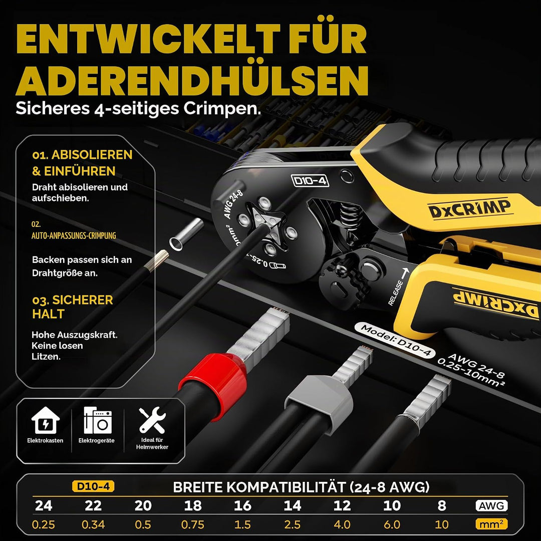 DxCRIMP Crimpzange Aderendhülsen Set für 0,25-10mm², 24 Arten isolierter, unisolierter &amp; Twin Aderen